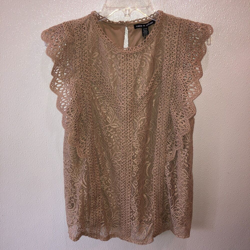 New Cable Gauge Womens Medium Champagne Lace Blouse Boho Top Shirt Size M - Picture 3 of 9